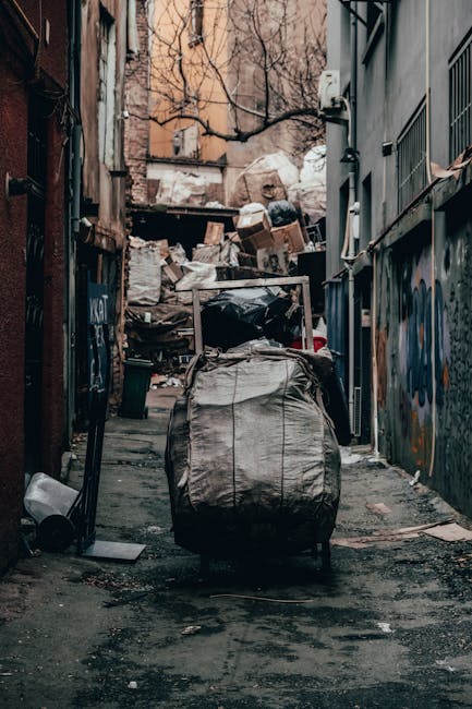 An alleyway scene featuring a large, black, wheeled rubbish bag in the foreground, placed on dark, dirty pavement. Behind it, a substantial collection of cardboard boxes, plastic bags, and miscellaneous waste materials are stacked haphazardly against a weathered brick wall and a wooden pallet. The area appears cluttered and unkempt, with debris scattered on the ground and some graffiti on the side walls. Sparse branches from a leafless tree stretch across the top of the alley, and a nearby building has metal security grilles on its windows. The lighting suggests an overcast day, adding a dull, muted tone to the scene. This setting illustrates a typical example of waste accumulation requiring rubbish removal services, with the presence of bulky refuse and general household waste near an urban structure, aligned with private waste handling or alternative collection methods facilitated by providers such as Rubbish Removal Watford.